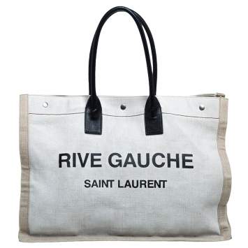 Pre Owned Saint Laurent Beige/Black Canvas and Leather Rive Gauche Tote