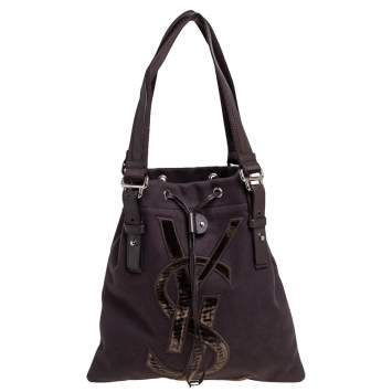 Pre Owned Yves Saint Laurent Chocolate Brown Canvas and Velvet Kahala Drawstring Tote
