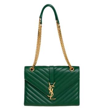 Pre Owned Saint Laurent Green Chevron Leather Medium Cassandre Flap Bag