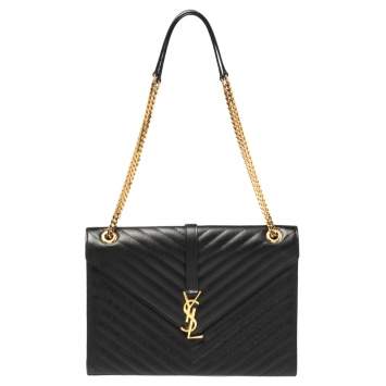 Pre Owned Saint Laurent Black Chevron Leather Large Cassandre Flap Bag