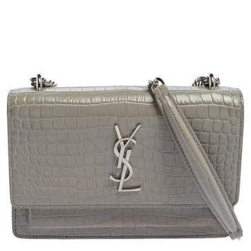 Pre Owned Saint Laurent Grey Croc Embossed Leather Mini Sunset Chain Bag