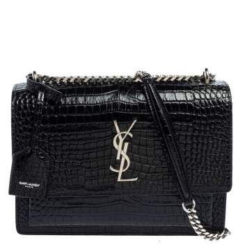 Pre Owned Saint Laurent Black Shiny Croc Embossed Leather Medium Sunset Shoulder Bag