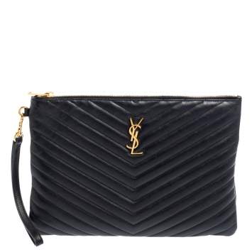 Pre Owned Saint Laurent Black Matelasse Leather Monogram Tablet Case