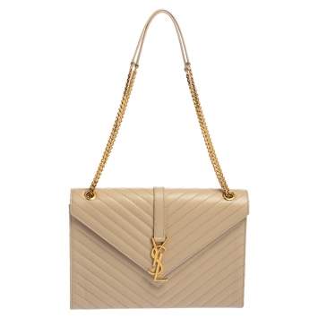 Pre Owned Saint Laurent Beige Matelasse Leather Large Cassandre Flap Bag