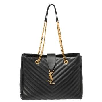 Pre Owned Saint Laurent Black Matelasse Leather Cassandre Shopper Tote