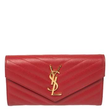 Pre Owned Saint Laurent Red Matelassé Leather Monogram Envelope Wallet