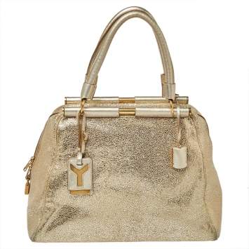 Pre Owned Saint Laurent Metallic Gold Textured Leather Medium Majorelle Tote 