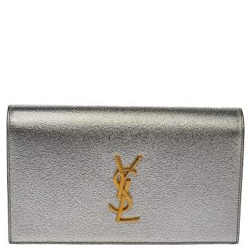 Pre Owned Saint Laurent Metallic Silver Grained Leather Kate Clutch 