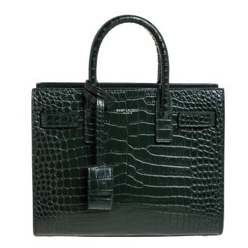 Pre Owned Saint Laurent Green Croc Embossed Leather Nano Classic Sac De Jour Tote
