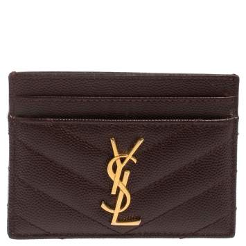 Pre Owned Saint Laurent Maroon Matelasse Leather Monogram Card Holder 