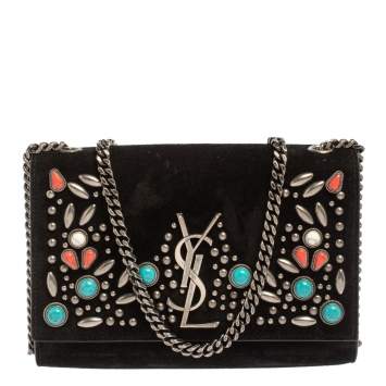 Pre Owned Saint Laurent Black Suede Small Stone Studded Kate Crossbody Bag