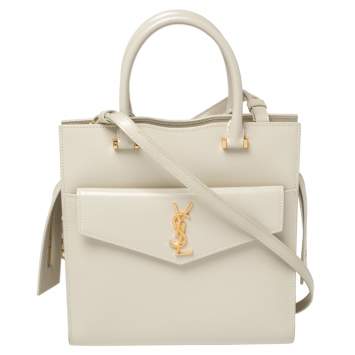 Pre Owned Saint Laurent Pearl White Leather Small Uptown Tote