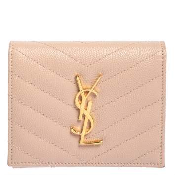 Pre Owned Saint Laurent Nude Pink Matelassé Leather Monogram Trifold Wallet