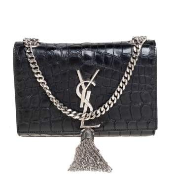Pre Owned Saint Laurent Black Croc Embossed Leather Small Kate Tassel Crossbody Bag