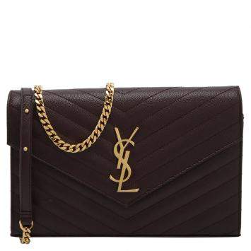 Pre Owned Saint Laurent Maroon Matelasse Leather Monogram Envelope Wallet on Chain Bag