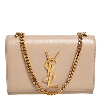Pre Owned Saint Laurent Beige Leather Small Monogram Kate Shoulder Bag