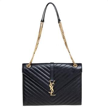Pre Owned Saint Laurent Black Chevron Quilted Leather Monogram Envelope Shoulder Bag