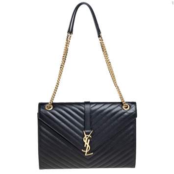 Pre Owned Saint Laurent Black Chevron Quilted Leather Monogram Envelope Shoulder Bag