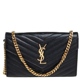 Pre Owned Saint Laurent Black Matelasse Leather Monogram Envelope Wallet on Chain