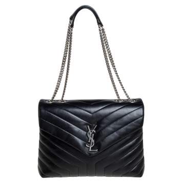Pre Owned Saint Laurent Black Matelasse Leather Medium Loulou Shoulder Bag