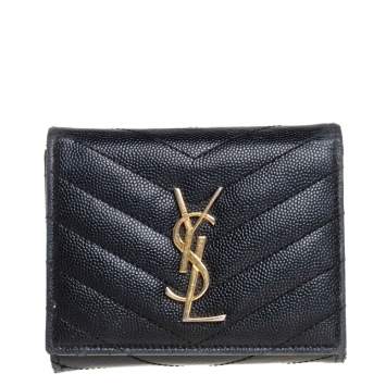 Pre Owned Saint Laurent Black Matelassé Leather Monogram Trifold Wallet