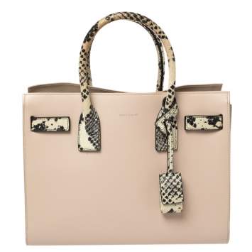Pre Owned Saint Laurent Pale Pink Leather and Python Embossed Leather Baby Classic Sac De Jour Tote