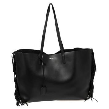 Pre Owned Saint Laurent Black Leather Fringe Large Shopper Tote