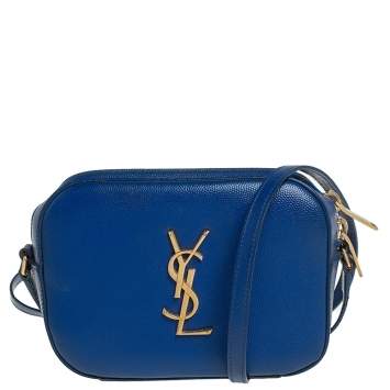 Pre Owned Saint Laurent Blue Grained Leather Mini Monogram Camera Bag