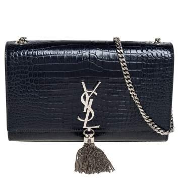 Pre Owned Saint Laurent Midnight Blue Croc Embossed Leather Medium Kate Tassel Shoulder Bag