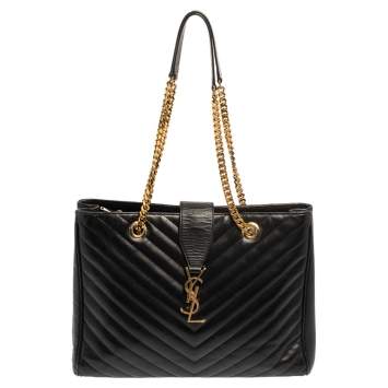 Pre Owned Saint Laurent Black Matelasse Leather Cassandre Shopper Tote