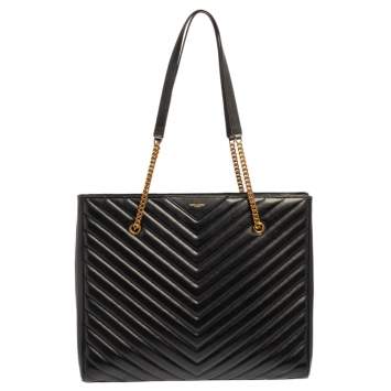 Pre Owned Saint Laurent Black Matelassé Leather Tribeca Chain Tote