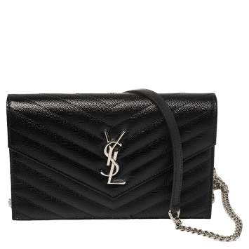 Pre Owned Saint Laurent Black Matelasse Leather Monogram Envelope Wallet on Chain