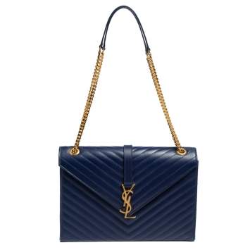 Pre Owned Saint Laurent Blue Chevron Quilted Leather Monogram Envelope Shoulder Bag