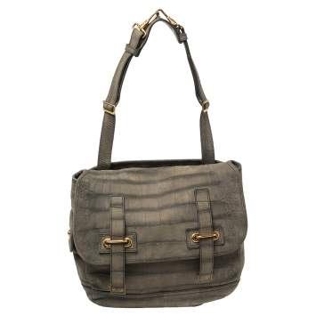 Pre Owned Yves Saint Laurent Green Croc Embossed Suede Besace Shoulder Bag