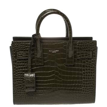 Pre Owned Saint Laurent Olive Green Croc Embossed Leather Nano Classic Sac De Jour Tote