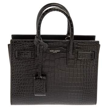 Pre Owned Saint Laurent Black Croc Embossed Leather Nano Classic Sac De Jour Tote