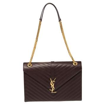 Pre Owned Saint Laurent Burgundy Chevron Quilted Leather Monogram Envelope Shoulder Bag