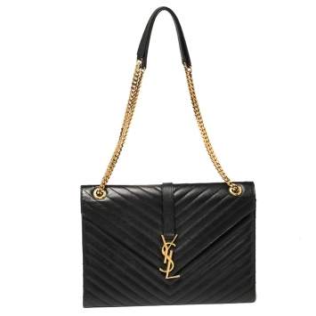 Pre Owned Saint Laurent Black Chevron Quilted Leather Monogram Envelope Shoulder Bag
