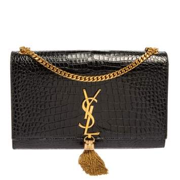 Pre Owned Saint Laurent Black Croc Embossed Leather Medium Kate Tassel Shoulder Bag