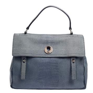 Pre Owned Saint Laurent Blue Lizard Embossed Leather and Suede Large Muse Two Satchel