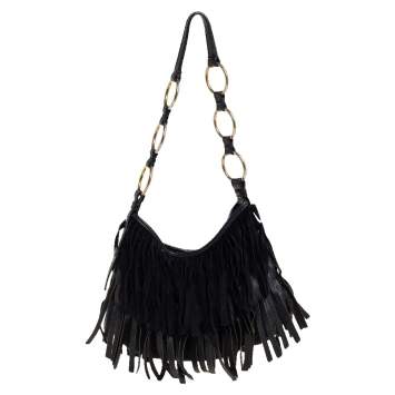 Pre Owned Saint Laurent Black Fringed Suede  and Leather La Boheme Hobo