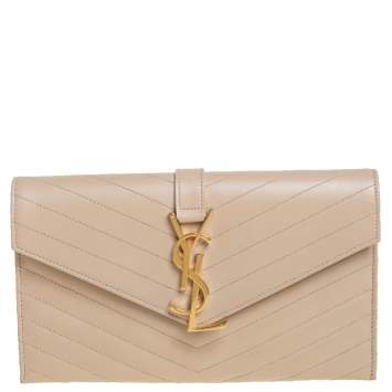 Pre Owned Saint Laurent Beige Matelassé Leather Monogram Envelope Clutch