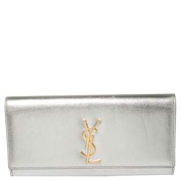 Pre Owned Saint Laurent Metallic Silver Leather Kate Flap Clutch