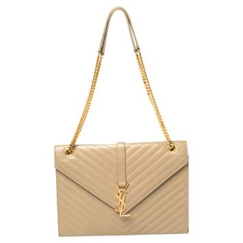Pre Owned Saint Laurent Beige Matelassé Leather Large Cassandre Flap Bag