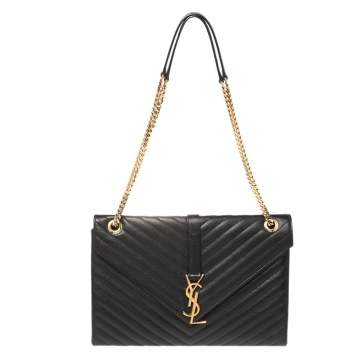 Pre Owned Saint Laurent Black Chevron Quilted Leather Monogram Envelope Shoulder Bag
