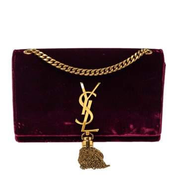 Pre Owned Saint Laurent Burgundy Velvet Monogram Kate Tassel Crossbody Bag
