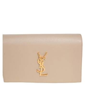 Pre Owned Saint Laurent Nude Leather Monogram Kate Clutch