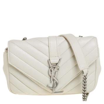 Pre Owned Saint Laurent Off White Matelassé Leather Monogram Chain Crossbody Bag