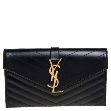 Pre Owned Saint Laurent Black Matelassé Leather Monogram Envelope Clutch
