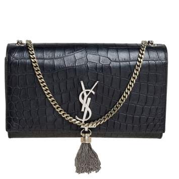 Pre Owned Saint Laurent Black Croc Embossed Leather Medium Kate Tassel Shoulder Bag
